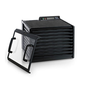 Excalibur 4948CDB 9 tray digital dehydrator with clear door propped to the side and trays in.