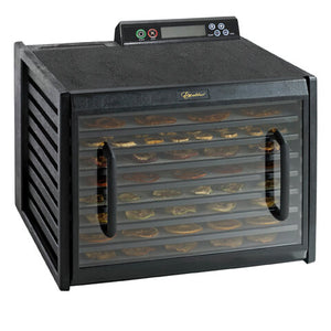 Excalibur 4948CDB 9 tray digital dehydrator with clear door closed and food on the trays.
