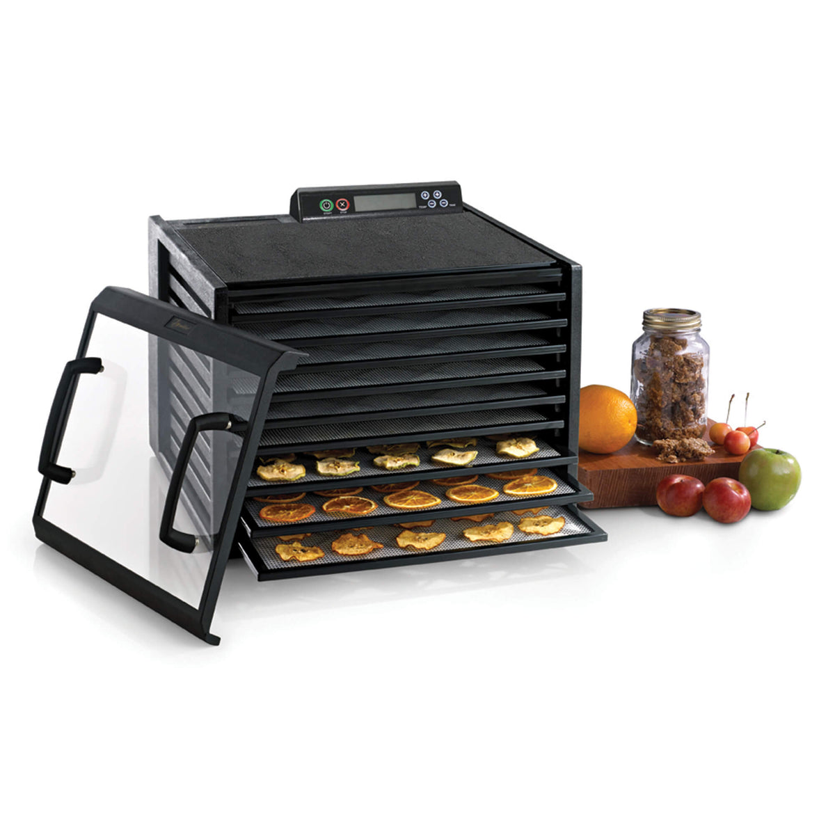Excalibur 4948CDB 9 tray digital dehydrator with clear door propped to the side and food on the trays.