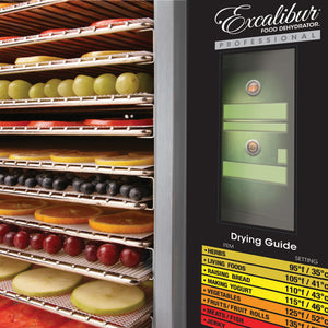 Excalibur COMM1 12 tray stainless steel commercial digital dehydrator control panel with food on the trays.