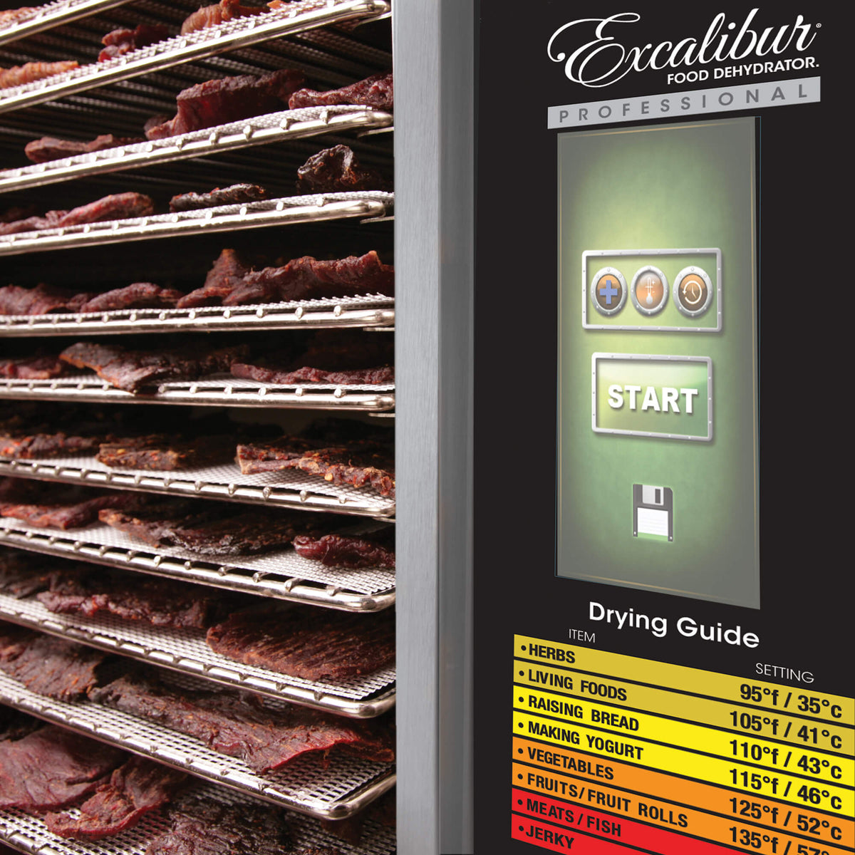 Excalibur COMM1 12 tray stainless steel commercial digital dehydrator control panel with jerky on the trays.
