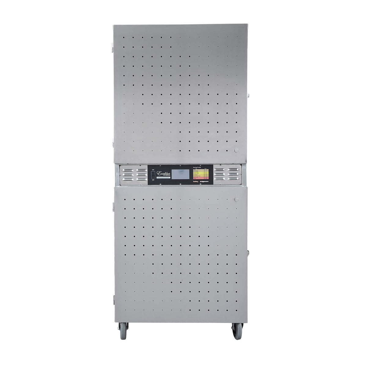 Excalibur COMM2 42 tray stainless steel commercial digital dehydrator front view with doors closed.