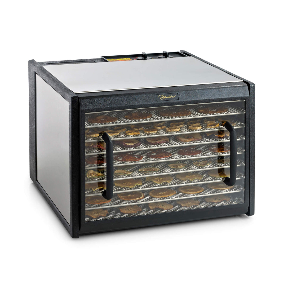Excalibur D902CDSHD 9 tray stainless steel dehydrator with clear door closed and food on the trays.