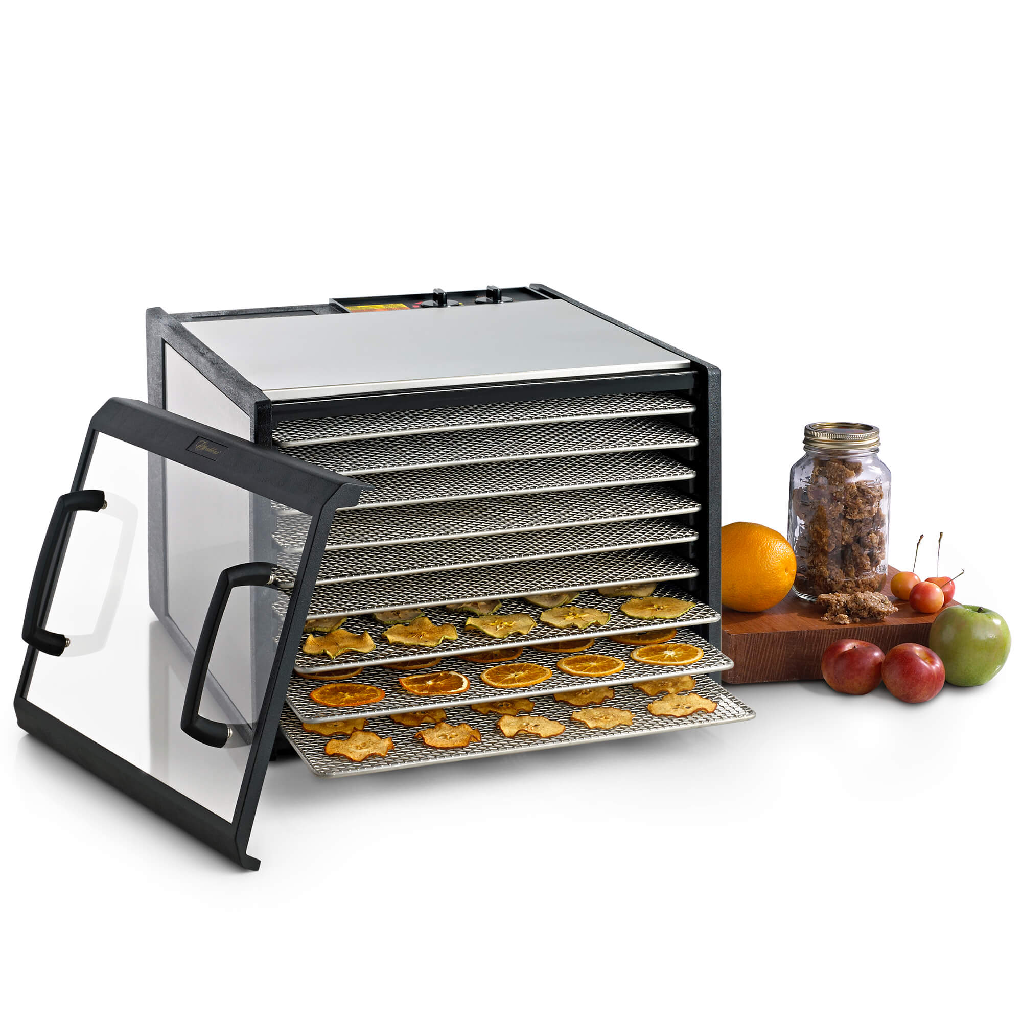 Excalibur D902CDSHD 9 tray stainless steel dehydrator with clear door propped to the side and food on the trays.