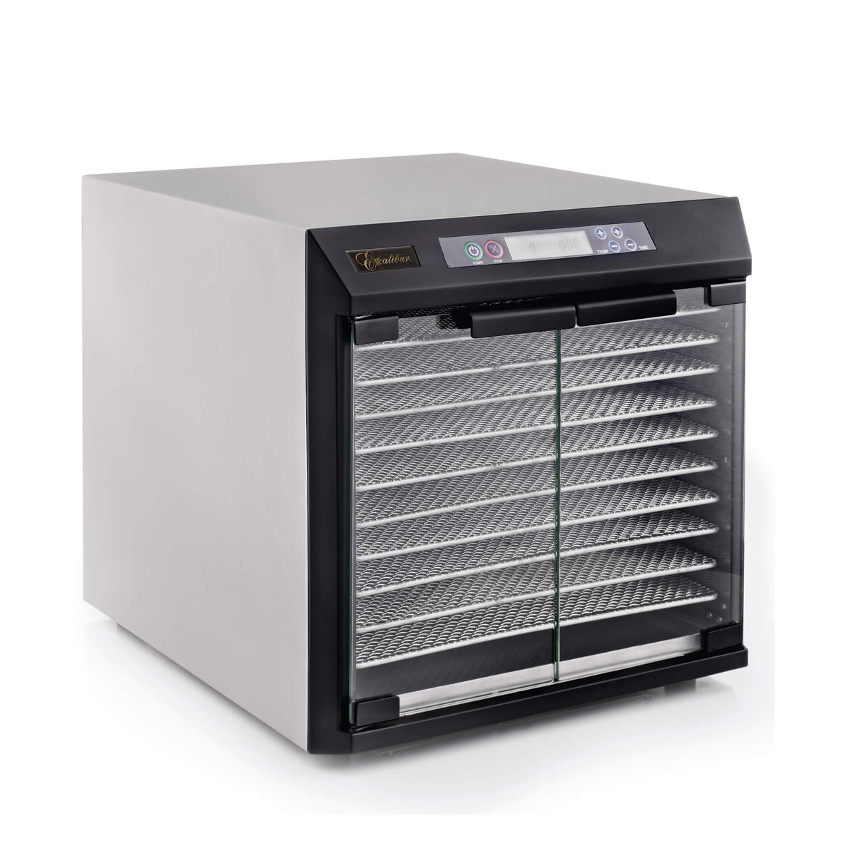 Excalibur EXC10EL 10 tray stainless steel digital dehydrator with glass armoured doors closed.