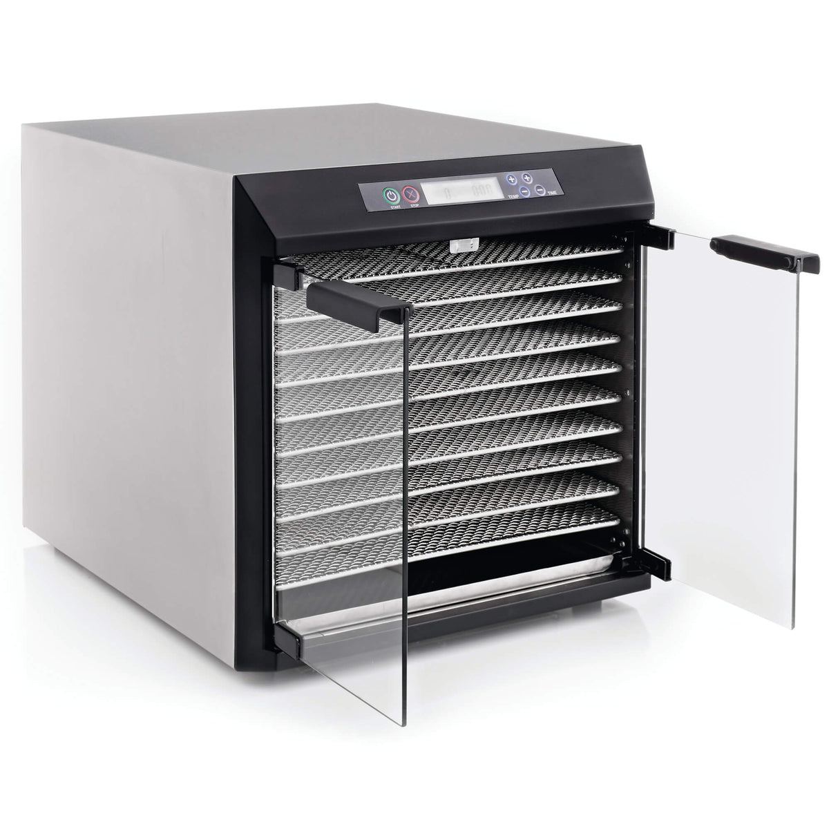 Excalibur EXC10EL 10 tray stainless steel digital dehydrator with glass armoured doors open and trays in.