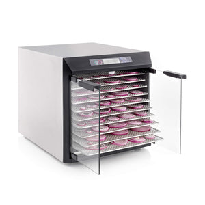 Excalibur EXC10EL 10 tray stainless steel digital dehydrator with glass armoured doors open and food on the trays.