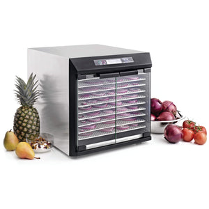 Excalibur EXC10EL 10 tray stainless steel digital dehydrator with glass armoured doors closed and food on the trays.