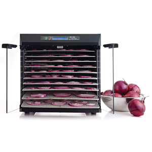Excalibur EXC10EL 10 tray stainless steel digital dehydrator front view with glass armoured doors open and food on the trays.