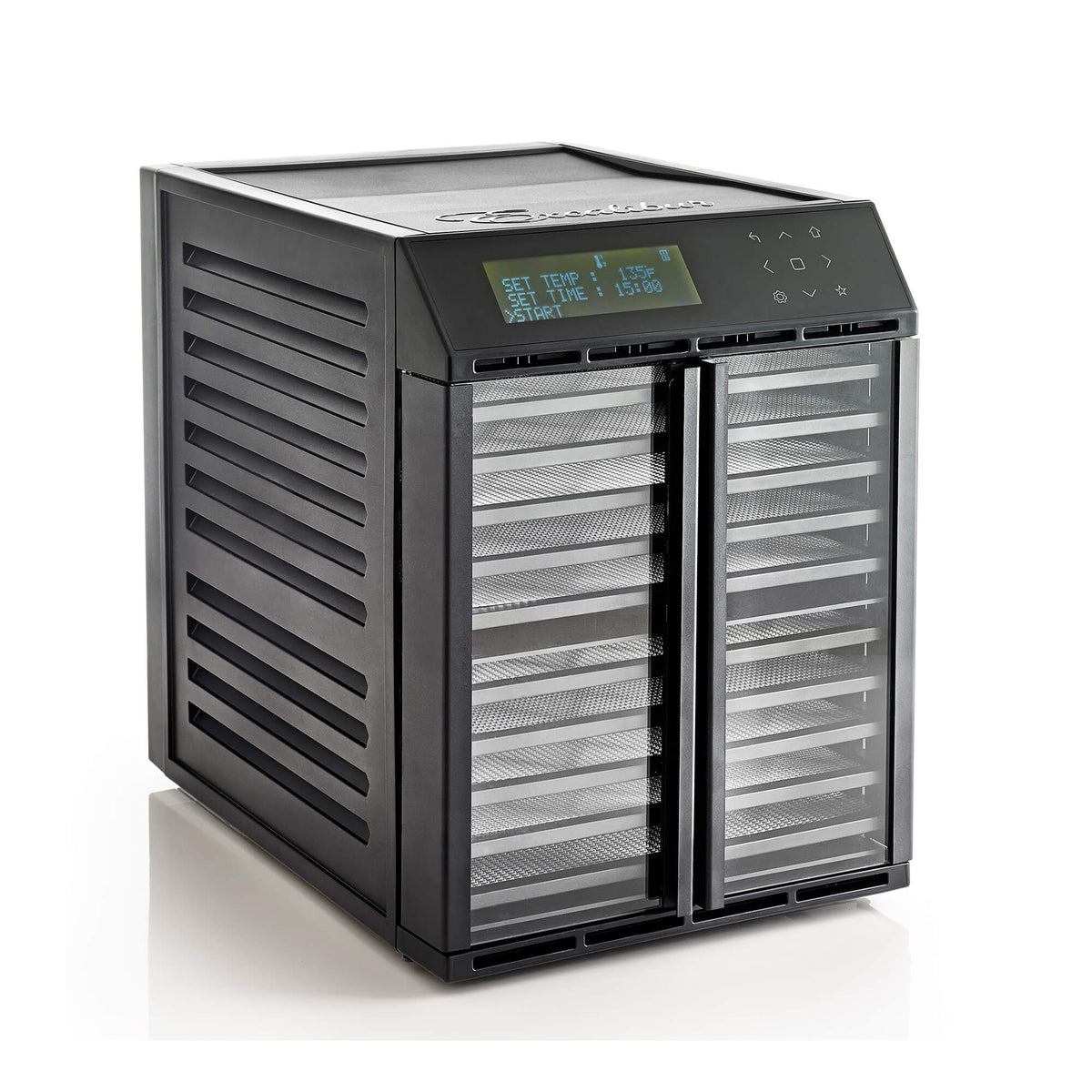 Excalibur RES10 10 tray compact digital dehydrator with clear hinged doors closed and display active.