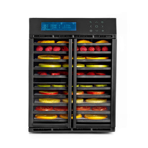 Excalibur RES10 10 tray compact digital dehydrator front view with clear hinged doors closed and food on the trays.