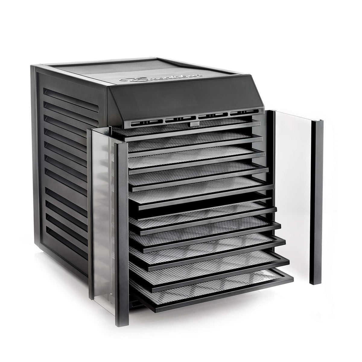 Excalibur RES10 10 tray compact digital dehydrator with clear hinged doors open and trays pulled out.