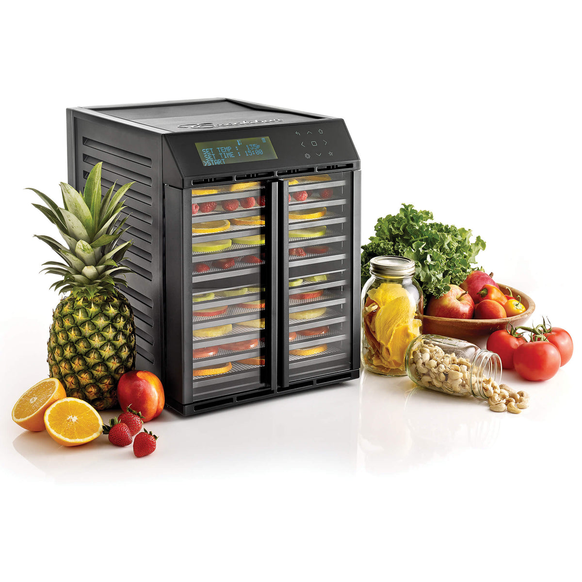 Excalibur RES10 10 tray compact digital dehydrator with clear hinged doors closed and food on the trays.