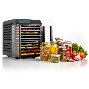 Excalibur RES10 10 tray compact digital dehydrator with clear hinged doors open and food on the trays.