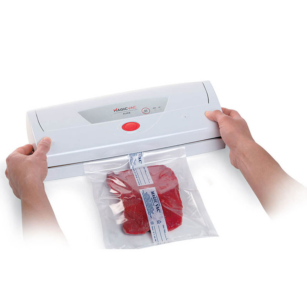 Magic Vac Alice vacuum packing system with lid closed, preparing to begin the vacuum packing process.