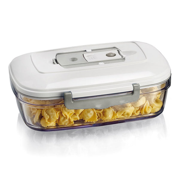 Magic Vac Vacuum Packing Rectangular Canister 1 litre filled with pasta.